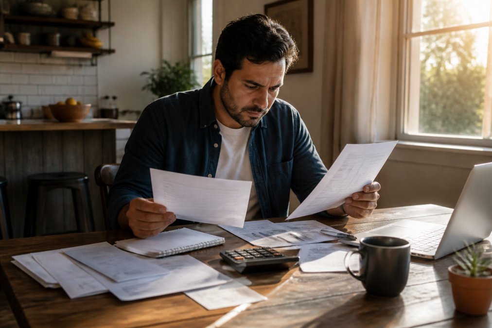 Real estate investor reviewing a credit score report at a sunlit desk with a laptop and financial documents