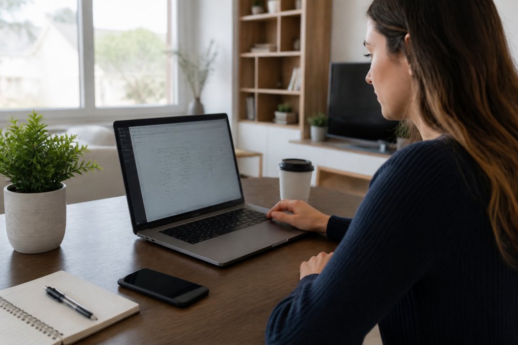 How to Improve Your Credit Score for Renting in 2026 2 A young professional sitting at a modern desk in a bright apartment, reviewing a rent reporting dashboard on a laptop with a smartphone showing a credit monitoring app nearby