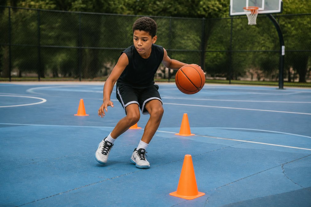 Youth basketball player dribbling through cone circuit on outdoor court with focused expression, demonstrating change of pace and tight directional control around multiple cones