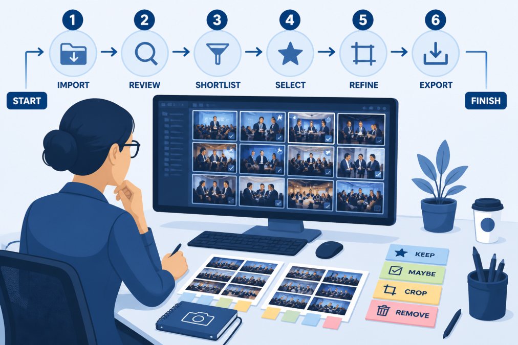 Marketing professional carefully selecting and reviewing high-resolution event photos on a large computer monitor, with printed contact sheets and color-coded sticky notes spread across the desk showing photo curation workflow