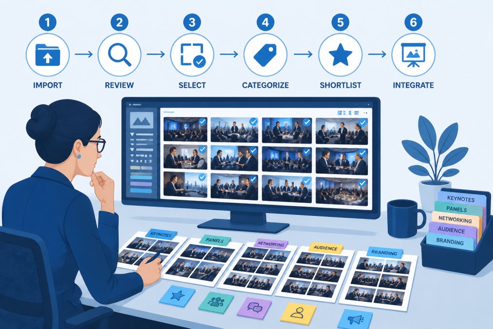 Marketing professional carefully reviewing and selecting high-resolution event photos on a large computer monitor, with printed contact sheets and sticky notes color-coded by theme spread across the desk showing photo curation workflow