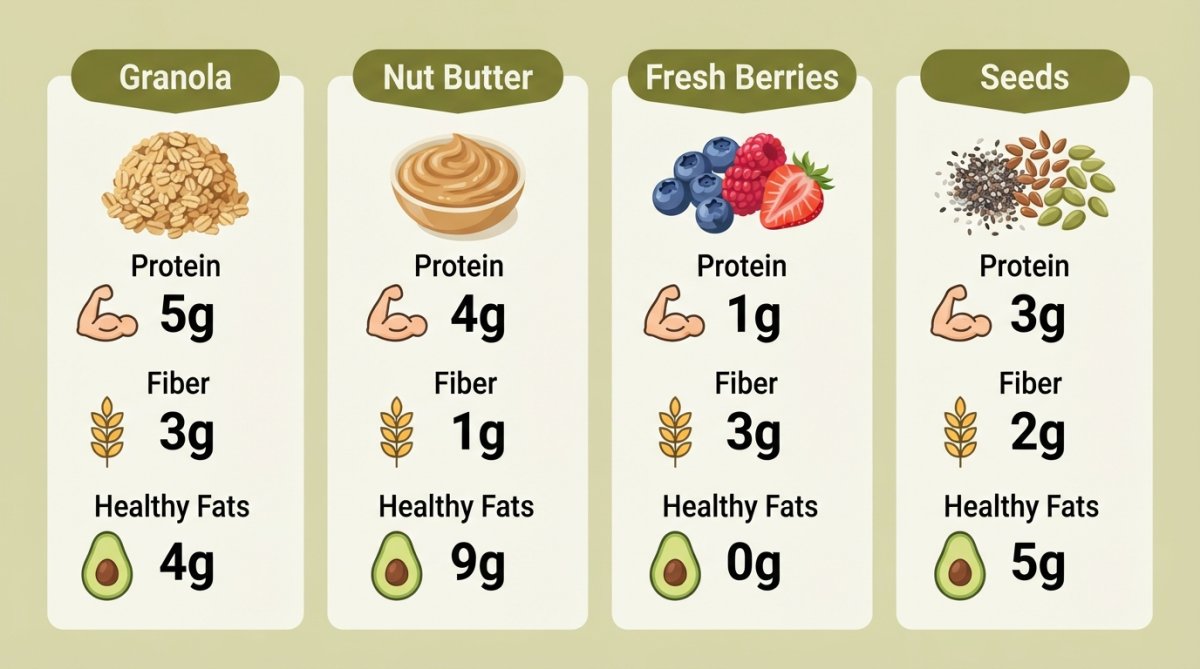 Comparison chart of healthy toppings to incorporate açai daily diet, detailing protein, fiber, and fat content.