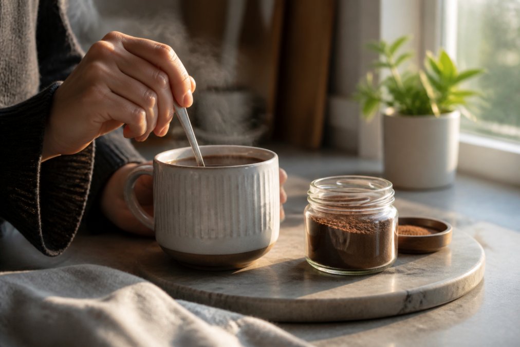 Close-up of a person's hand stirring a spoonful of dark mushroom powder into a steaming mug of coffee on a kitchen counter, a small glass jar of the powder blend beside the mug, soft morning light through a window