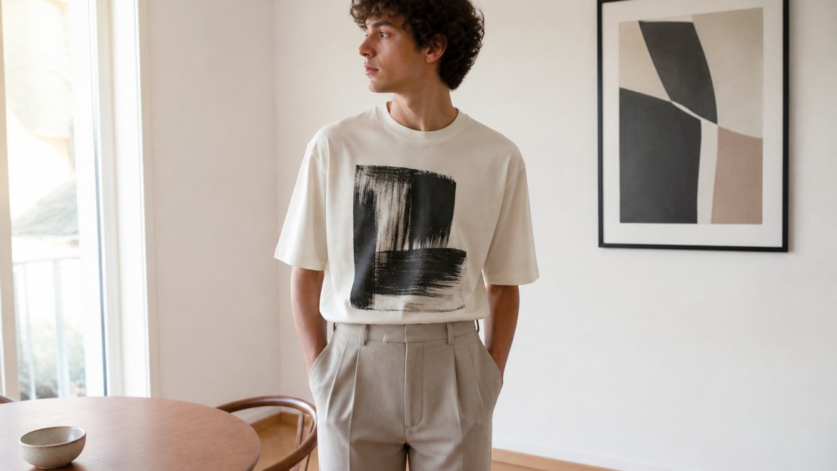 Young adult wearing an artistic graphic tee and tailored trousers in a bright, minimalist apartment