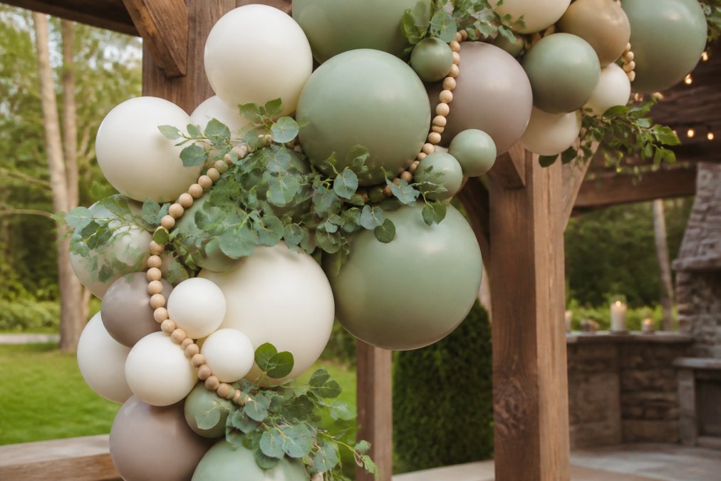 Close-up of an organic balloon garland featuring matte sage green, cream, and soft taupe balloons intertwined with eucalyptus branches and wooden beads along a rustic wooden archway at an outdoor venue