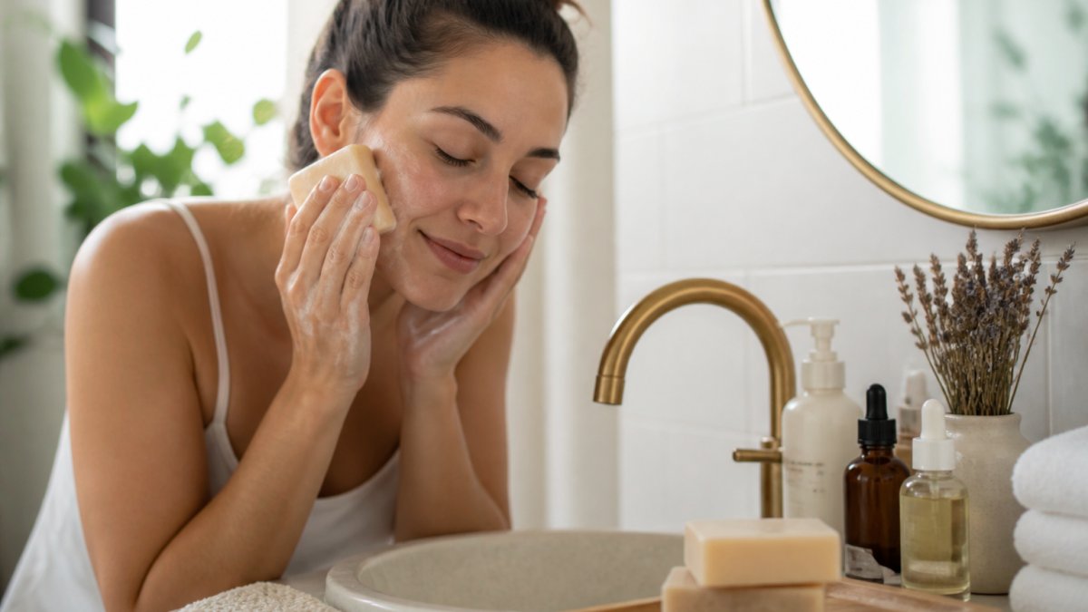 Woman with sensitive skin washing her face with a natural soap bar in a sunlit bathroom