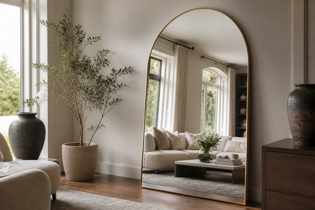 Infographic illustrating steps to style oversized designer mirrors in living rooms with natural light and decor.