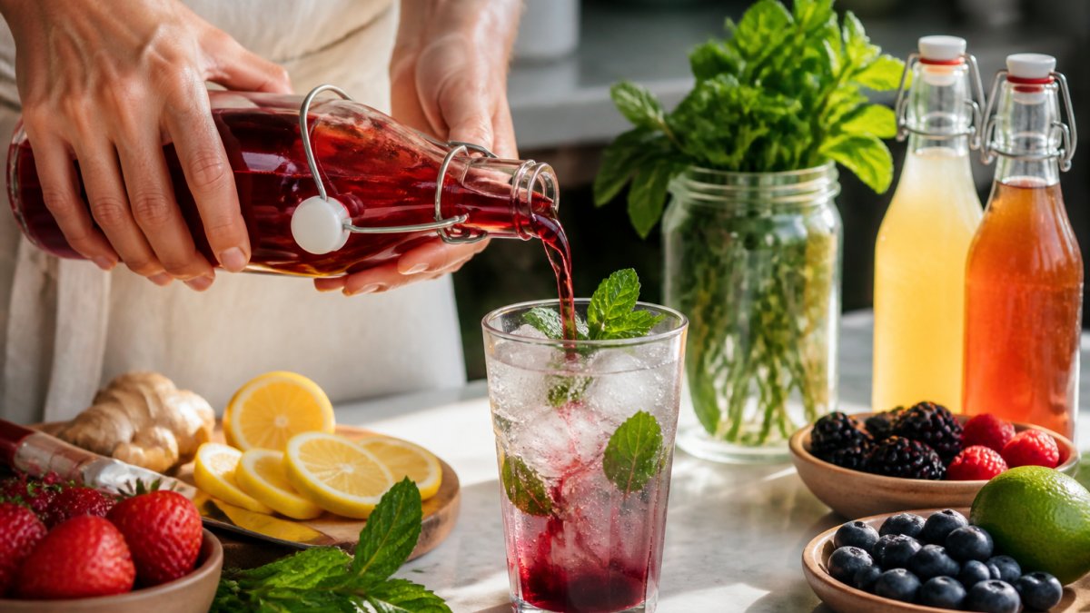 Hands pouring a fermented shrub mixer into a clear glass with fresh mint, ice, and sparkling water, with colorful fresh fruits and herbs arranged on a bright kitchen counter in natural sunlight