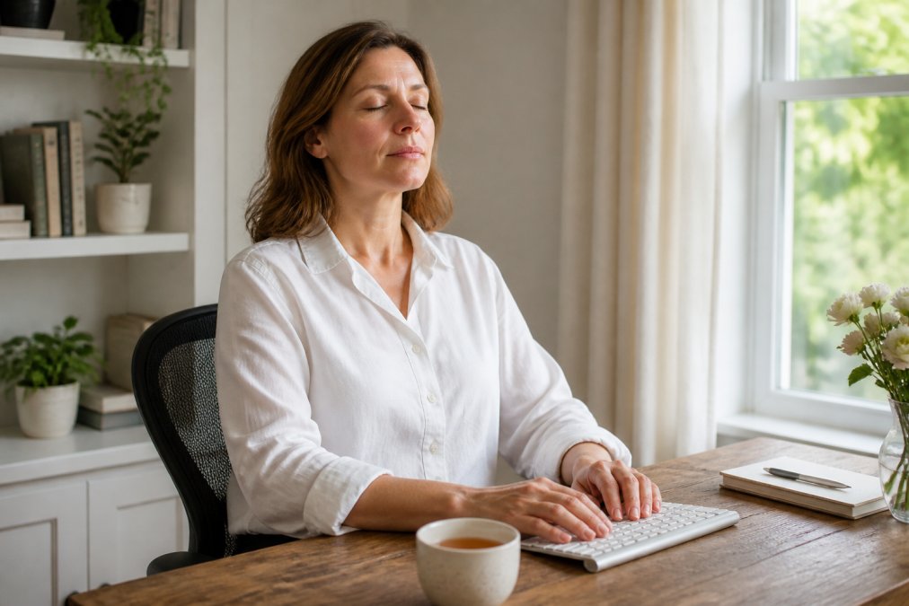 A professional sitting at a desk in a bright home office, eyes closed, hands resting on the keyboard, taking a deliberate pause with a cup of tea nearby