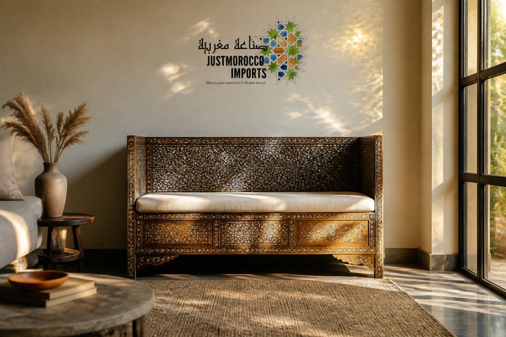 Modern living room with a vintage mother of pearl inlaid wooden bench positioned against a neutral cream wall, warm golden hour sunlight streaming through large windows and illuminating the iridescent shell inlay, creating shifting blue and green reflections on the wall surface