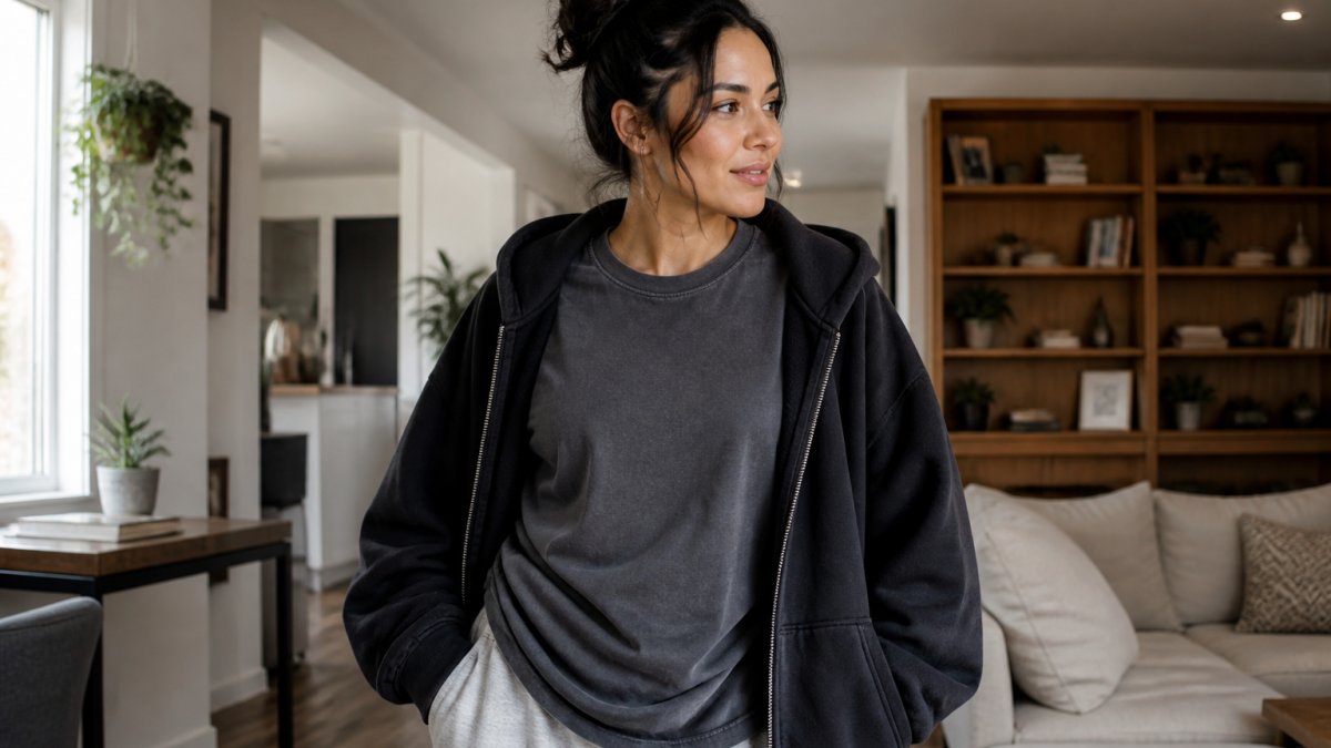 Person wearing an oversized vintage-washed spiritual tee layered under a cozy premium hoodie, standing confidently in natural daylight in a casual home setting, showing how affirmation apparel integrates into relaxed everyday style