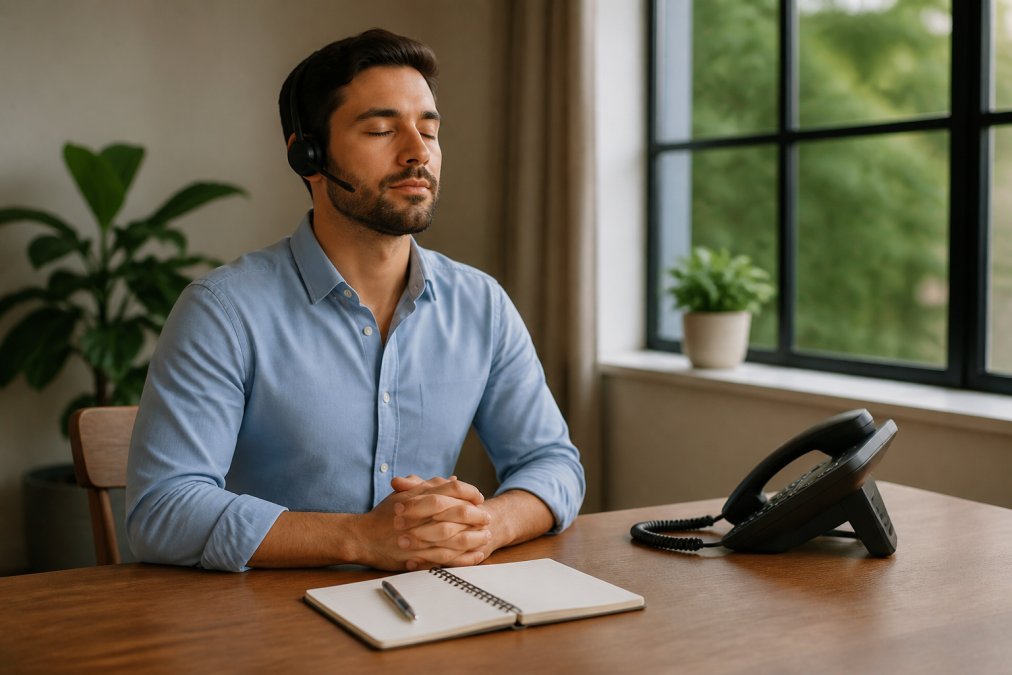 Sales agent taking a mindful breathing pause at a clean desk to boost agent productivity before a call.