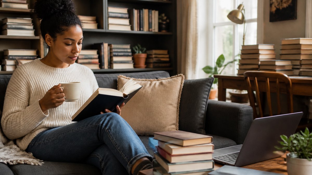 Book enthusiast reading on a couch with coffee to help increase ARC review rate by engaging with readers.