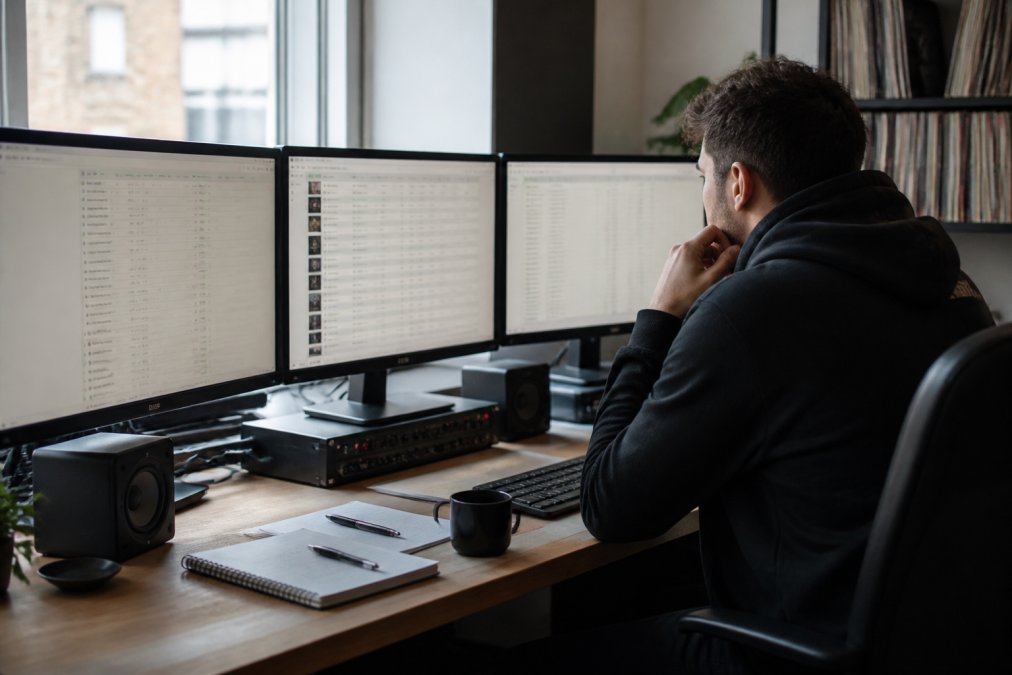 Music producer at desk with multiple monitors displaying Beatport analytics, streaming charts, and promotional campaign spreadsheets, natural office lighting