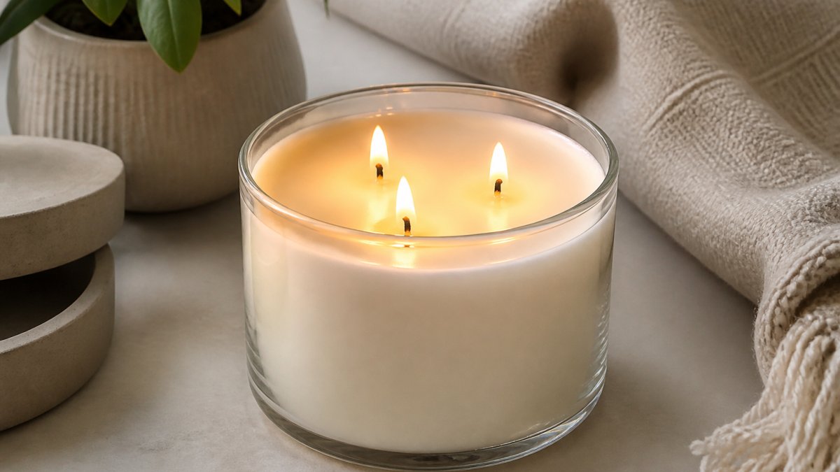 Lit three-wick soy candle with even melt pool spreading to the edges, properly trimmed wicks at 1/4 inch height, warm flame glow on neutral surface with soft natural lighting