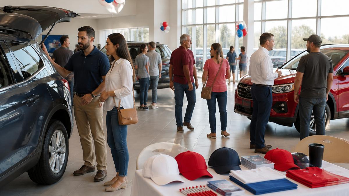 Customers browsing vehicles at a busy dealership event to help you learn how to increase car dealership foot traffic