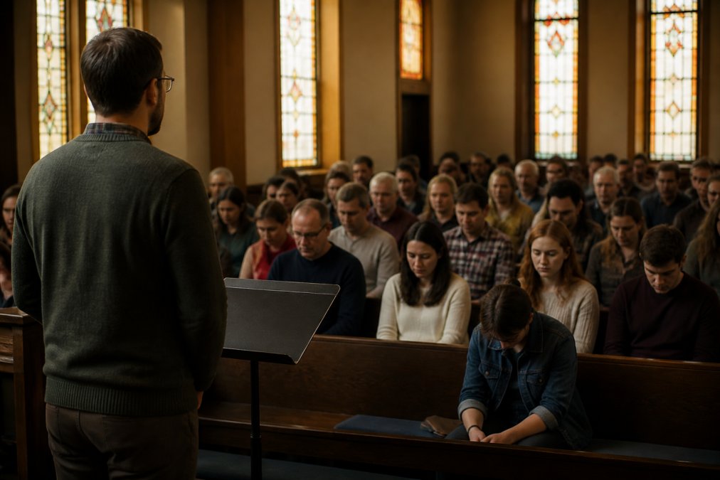 A worship leader standing at the front of a church sanctuary, looking out at a seated congregation with closed mouths, some looking down at their hands or phones, warm lighting from stained glass windows