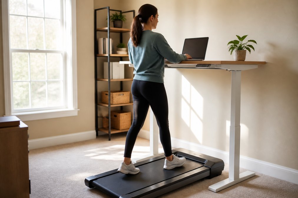 A remote worker walking on a compact under-desk treadmill in a tidy home office, laptop open on a standing desk, natural light streaming through a window to the left, a small potted plant on the desk