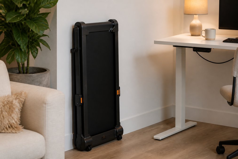 A folded compact walking treadmill stored neatly against a white apartment wall beside a small standing desk, showing its slim profile and built-in transport wheels, warm ambient lighting