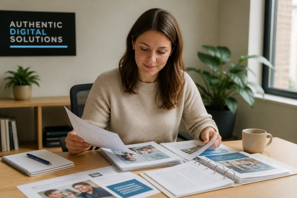 Nonprofit staff member at desk reviewing donor communication materials and impact reports with warm, focused expression in natural office lighting