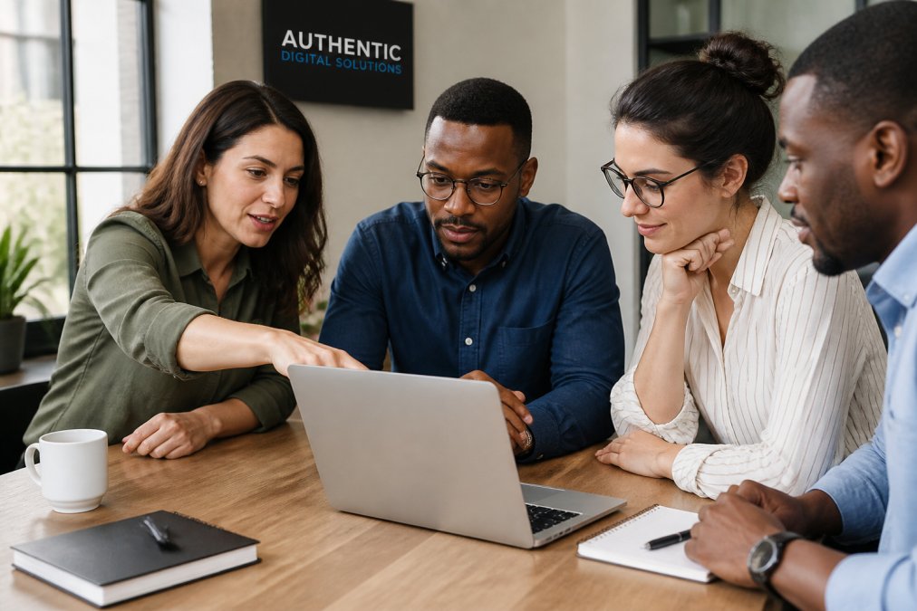 Team of nonprofit professionals gathered around laptop pointing at screen while discussing donor data and engagement metrics in bright office setting