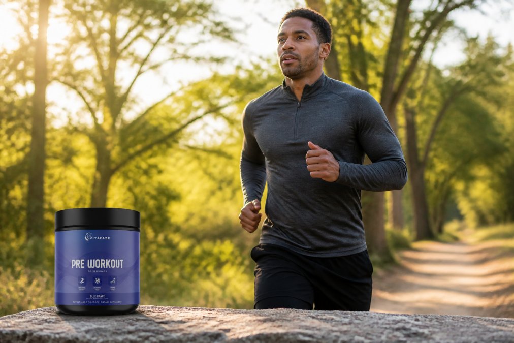 Plant-based athlete running outdoors on a tree-lined trail in early morning light, showing focused form and steady breathing with natural golden sunlight filtering through leaves