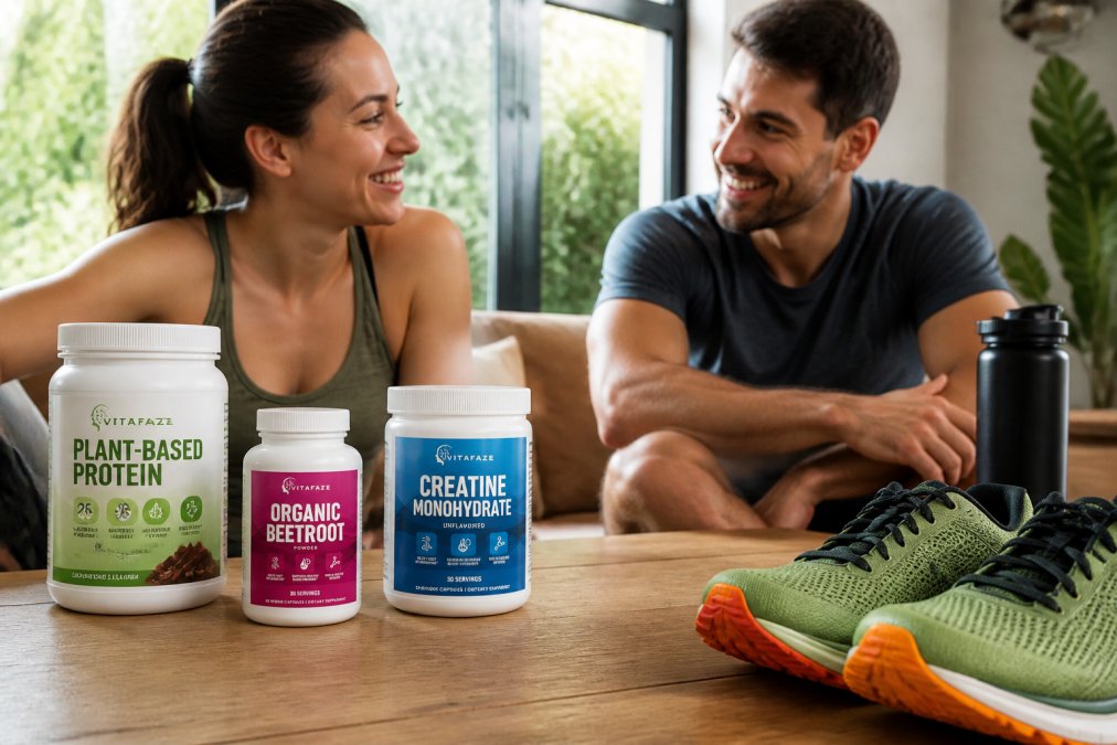Close-up of VitaFaze plant-based protein powder, organic beetroot supplement, and creatine powder arranged on a clean white surface with running shoes and water bottle in background, natural window lighting