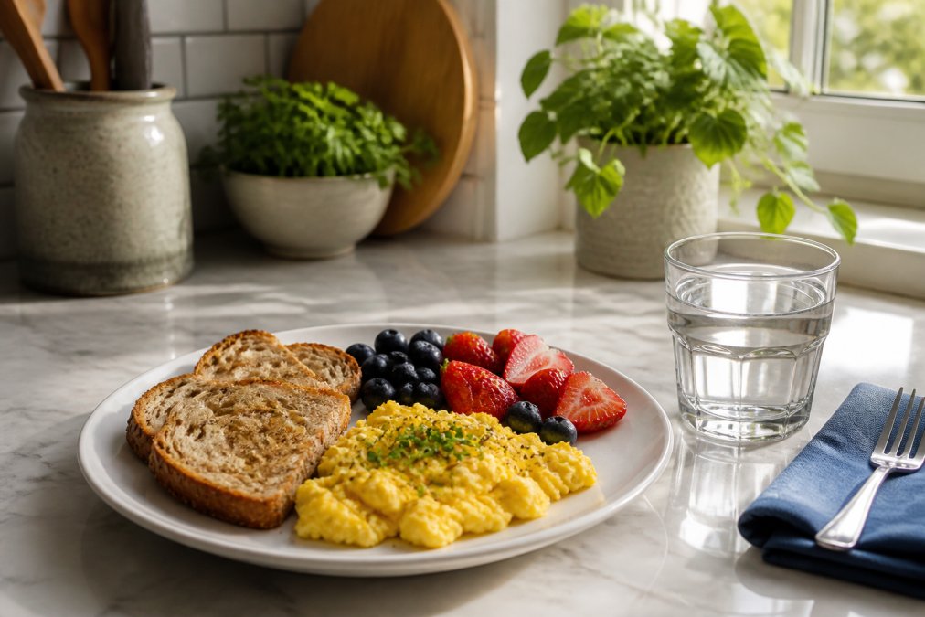 Balanced breakfast of eggs, whole grain toast, and berries to help increase energy during a sunny morning.