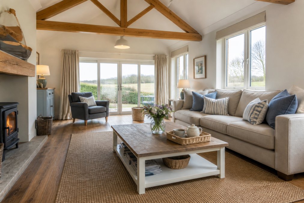 A bright, well-staged holiday cottage living room with natural light streaming through large windows, plump cushions arranged on a linen sofa, and a neatly laid coffee table with a small vase of flowers, captured from a wide-angle perspective that shows the full room layout