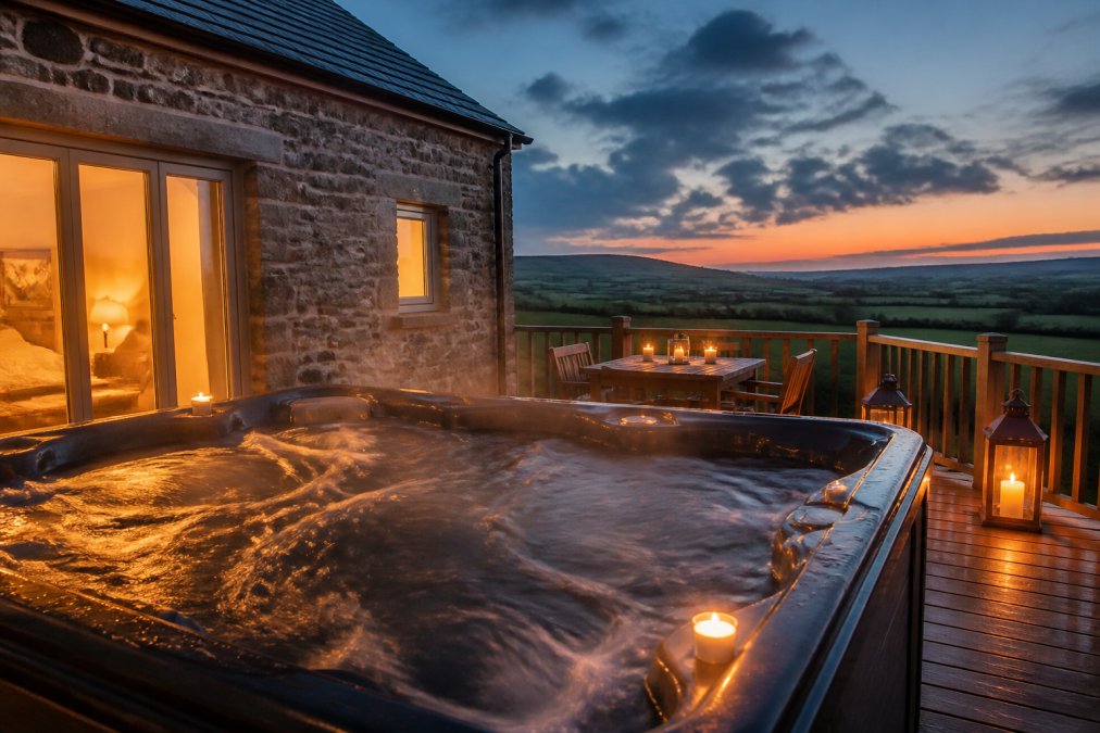 A steaming hot tub on a timber deck outside a rural holiday let at dusk, surrounded by open countryside, with warm amber interior lights glowing through the cottage windows in the background