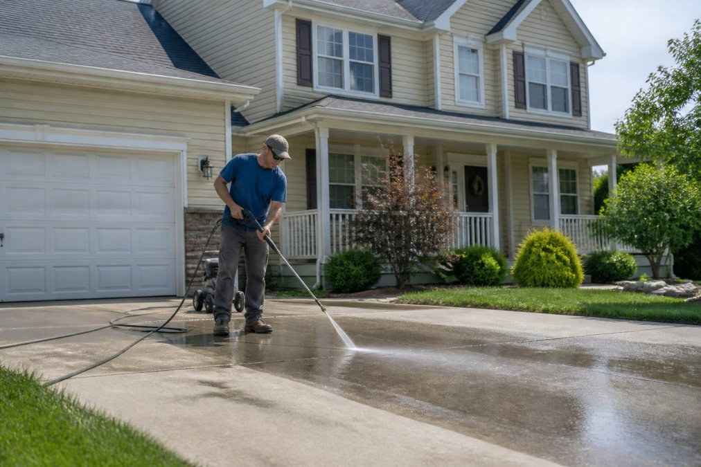 A homeowner in a suburban Cincinnati neighborhood using an electric pressure washer to clean a concrete driveway, with a two-story house with siding and gutters visible in the background