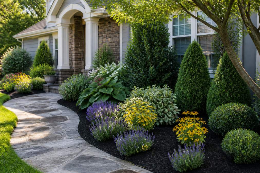 Vibrant perennials and fresh mulch beds help increase home curb appeal along a stone walkway leading to a home.