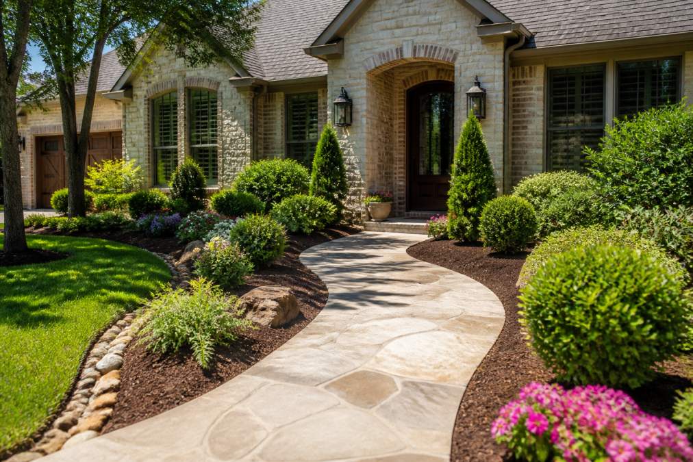 A well-maintained front yard with layered landscaping, mulched beds, trimmed shrubs, and a stone walkway leading to a welcoming entry door on a sunny day