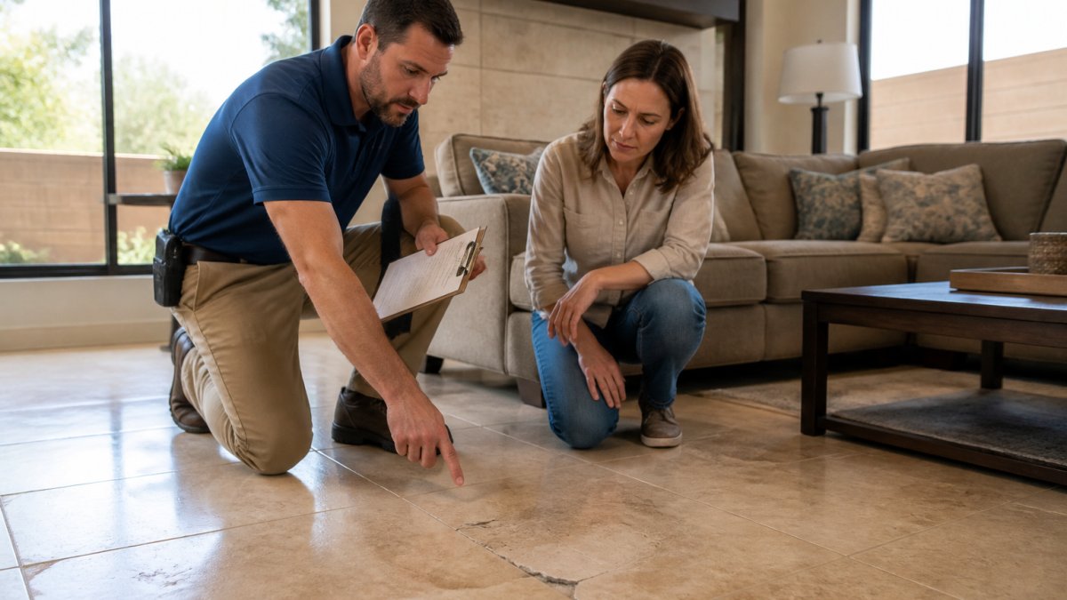 A homeowner and a contractor in a bright Chandler living room pointing at a cracked tile floor, clipboard in hand, discussing repair priorities before listing