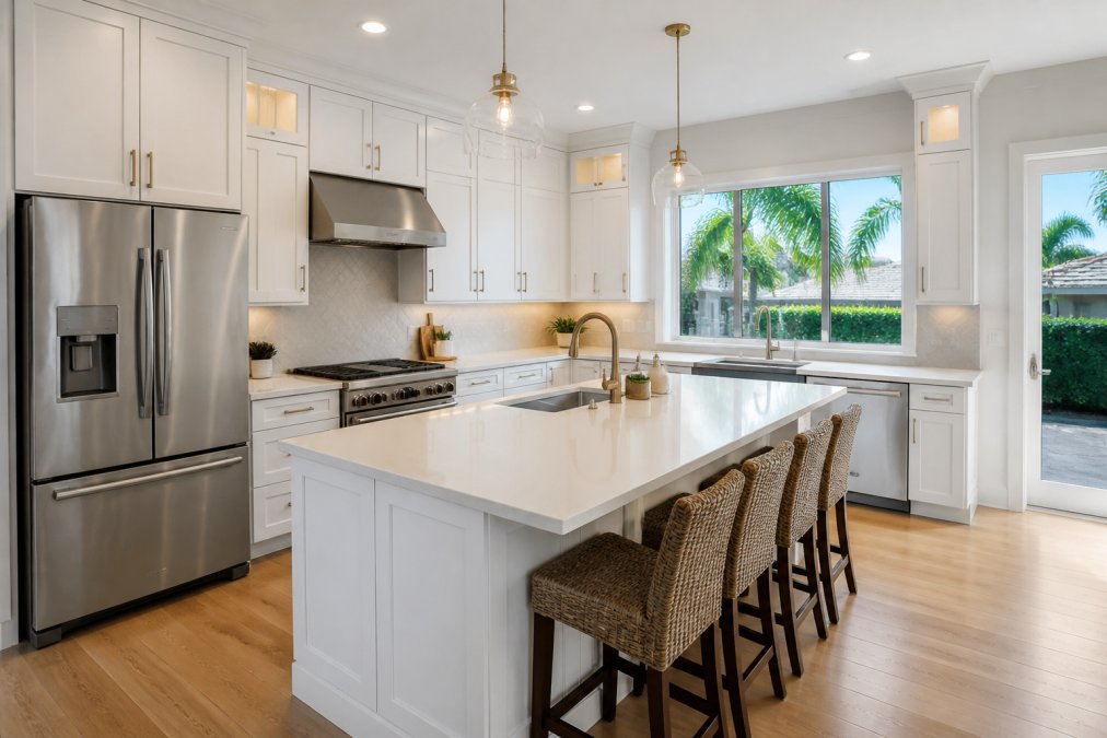 A renovated kitchen with white shaker cabinets, quartz countertops, and stainless steel appliances in a bright Florida home with large windows