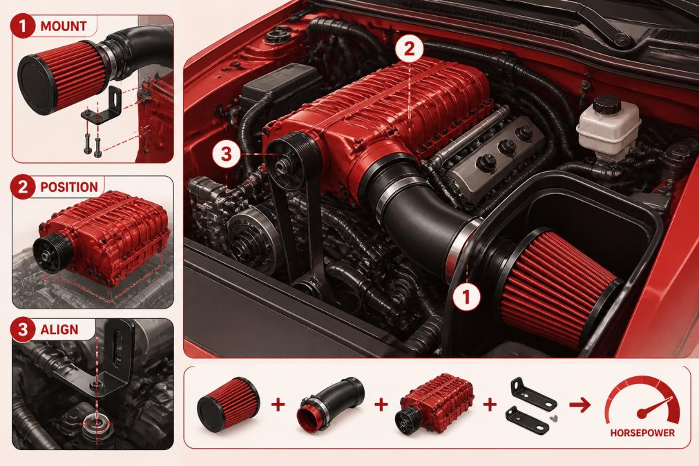 Close-up of a high-flow air intake system installed in an engine bay, showing the mounting brackets being fitted, compressor assembly positioning in the engine bay, and precise alignment work under bright workshop lighting