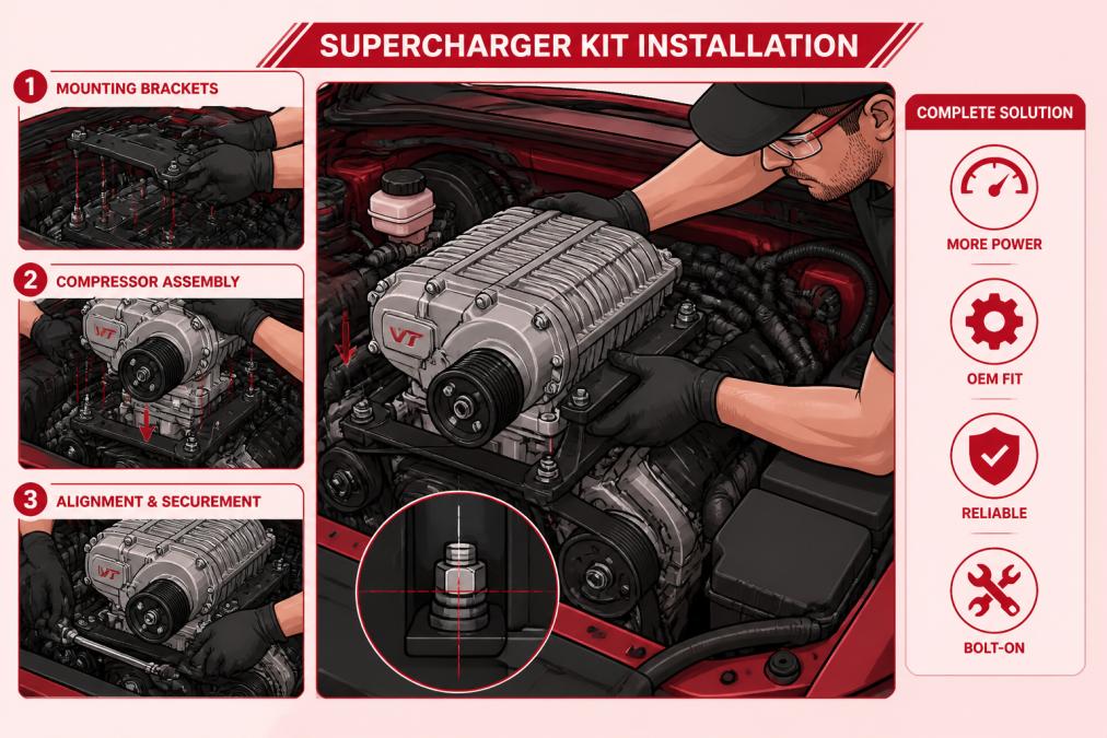 Experienced mechanic installing a supercharger kit on a vehicle engine, showing the mounting brackets being fitted, compressor assembly positioning in the engine bay, and precise alignment work under bright workshop lighting