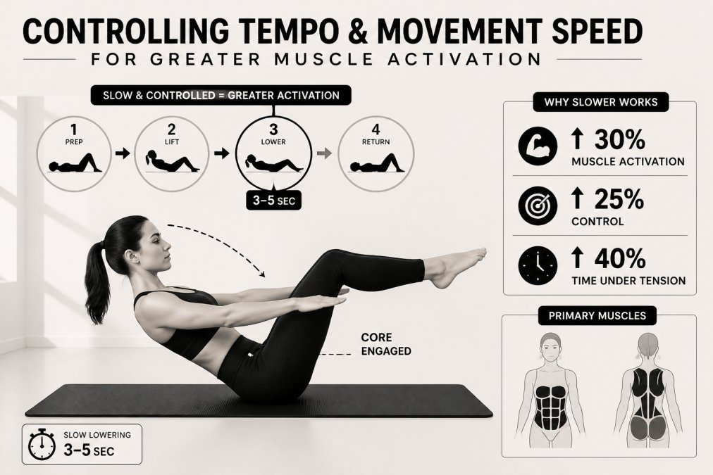 Woman performing a slow, controlled Pilates mat exercise with deliberate eccentric movement, showing engaged core muscles and focused expression in bright, naturally-lit studio