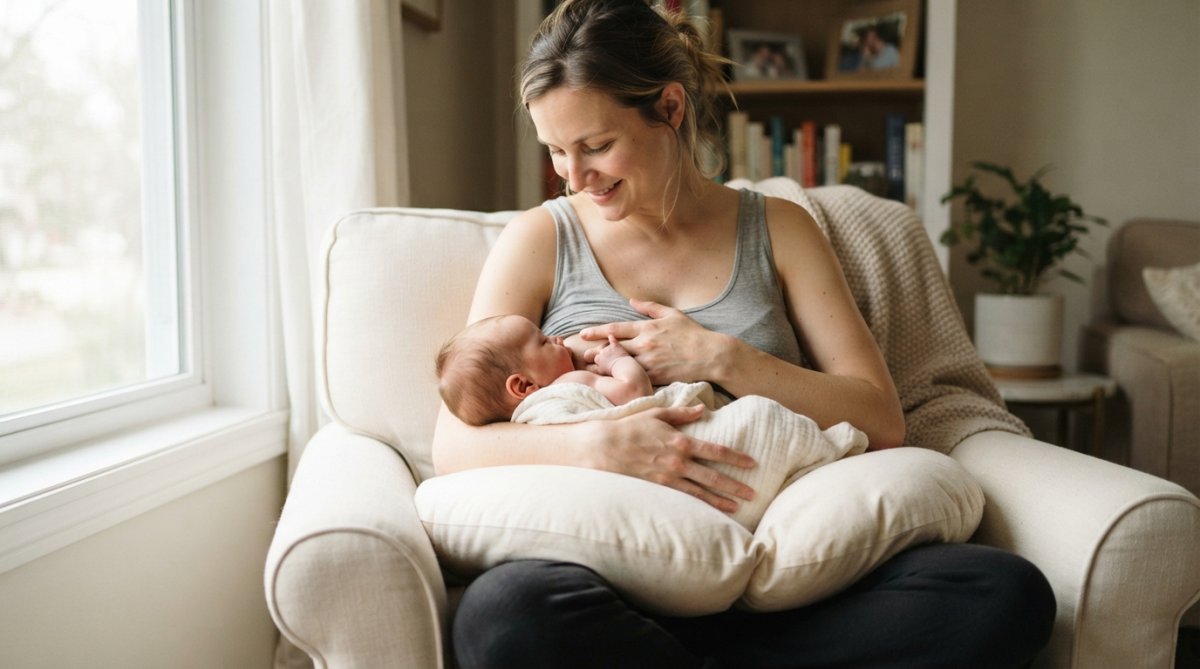 A mother sitting comfortably in a chair nursing her newborn, supported by a V-shaped nursing pillow across her lap, soft natural light from a nearby window, calm and warm home setting
