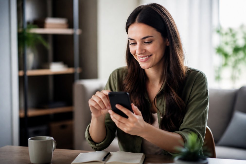 Person holding a smartphone, smiling while interacting with a mobile app during first-time setup with bright natural lighting in a casual home environment