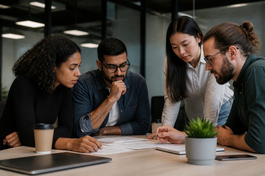 Team of app developers and product managers reviewing user analytics on a desktop monitor in a modern office setting, discussing retention metrics with focused concentration