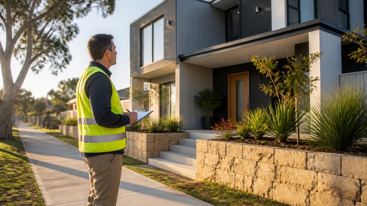 A property valuer in a high-visibility vest standing on a suburban footpath, clipboard in hand, looking up at a completed modern modular home with a rendered facade and landscaped front garden in soft morning light
