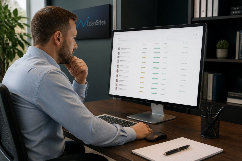 Loan officer reviewing borrower profiles and lead scores on computer monitor in modern office, with notepad and pen visible