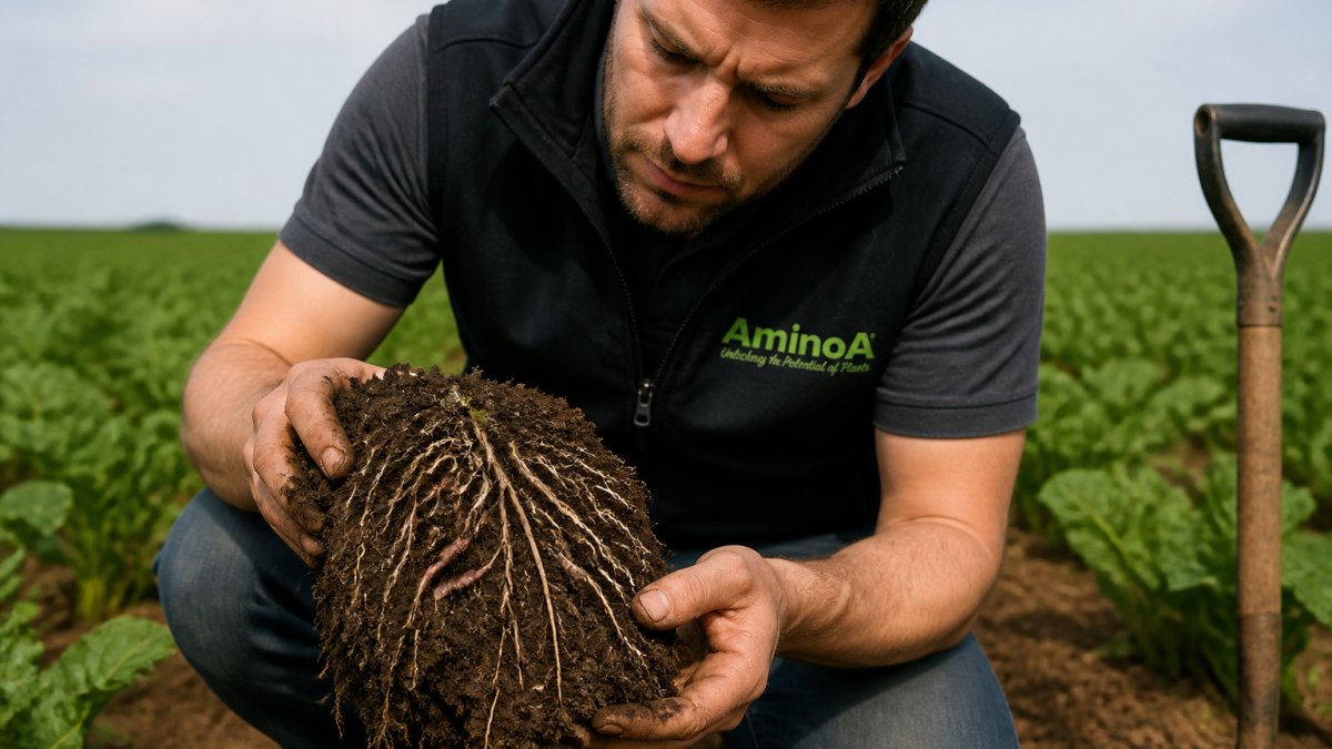 A farmer kneeling in a field, carefully examining a spade of soil with visible root structure and earthworms, under natural daylight