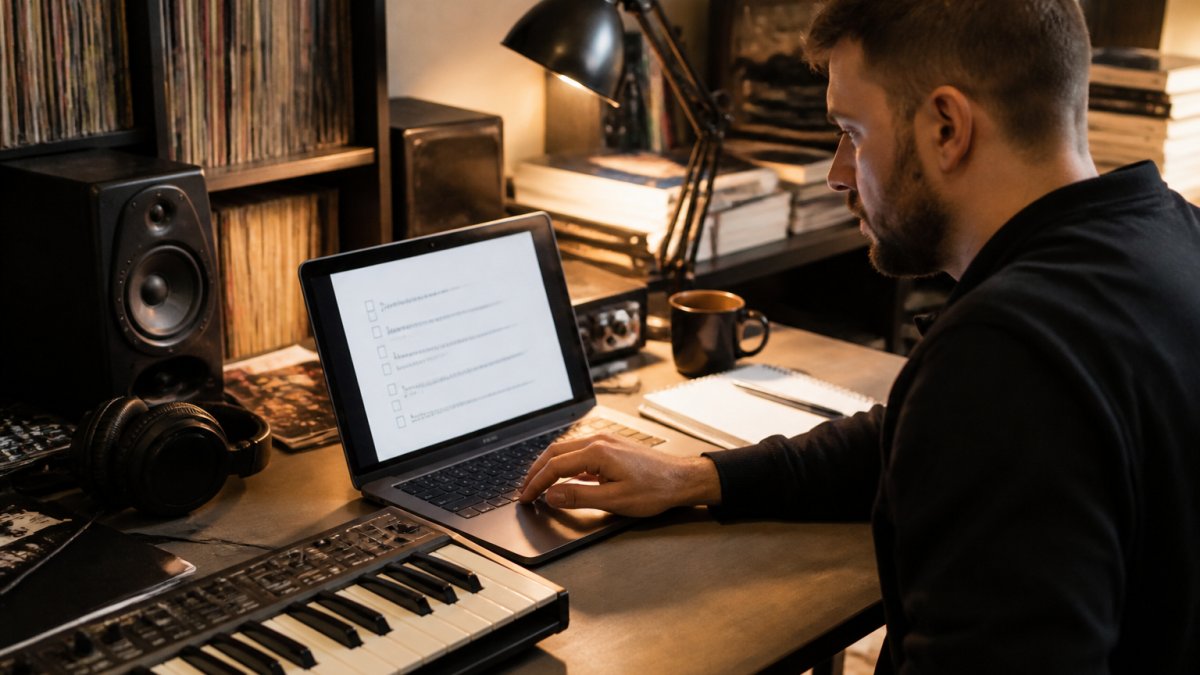 An independent music producer and label manager reviewing a release campaign checklist on a laptop in a home studio, with headphones and a MIDI keyboard on the desk, warm desk-lamp lighting