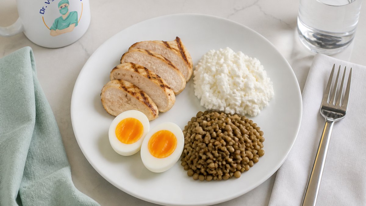 Overhead photo of a small plate with sliced grilled chicken, cottage cheese, soft-cooked eggs, and lentils, arranged in modest portions on a clean kitchen counter