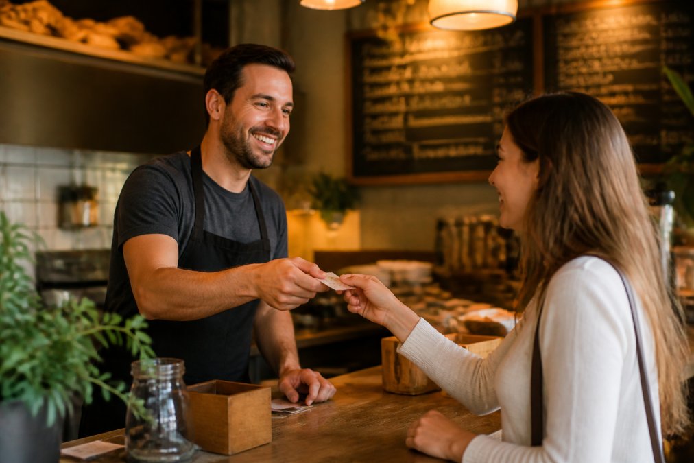 A smiling restaurant owner handing a loyalty card to a happy customer at the front counter of a warm, inviting neighborhood restaurant, with soft amber lighting and a chalkboard menu visible in the background