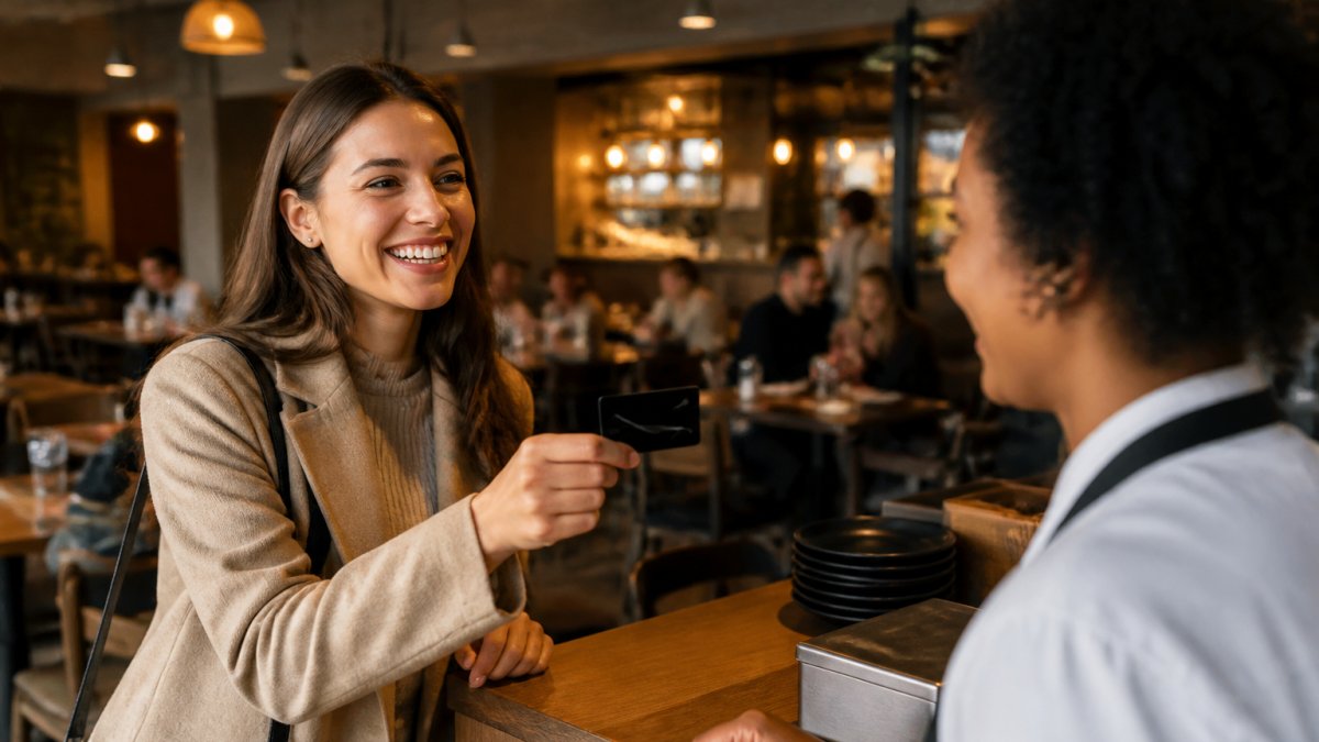 Regular customer showing their loyalty membership card at a restaurant counter while smiling at staff, warm restaurant lighting in background
