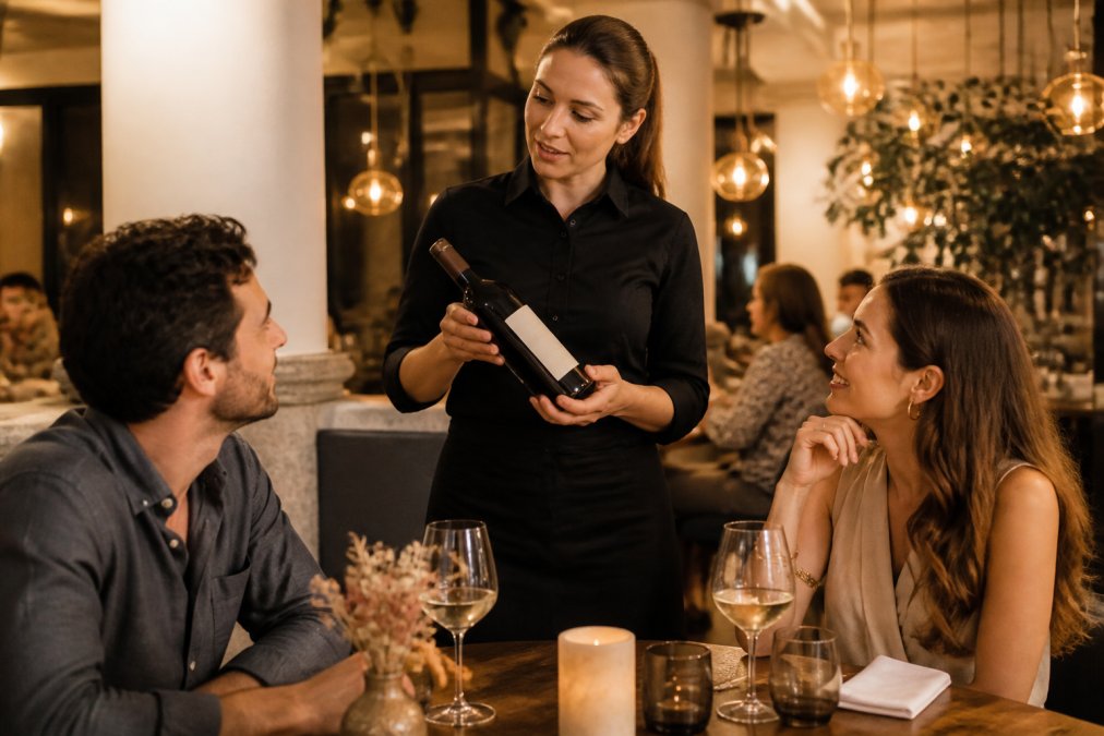 Server presenting wine pairing options to attentive couple at restaurant table, warm ambient lighting, genuine conversation