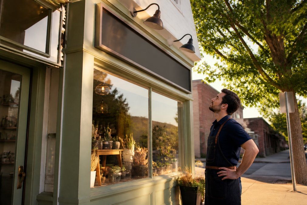 Small business owner admiring a new storefront sign to increase retail foot traffic on a sunny afternoon